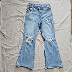 AEO Curvy Super High Rise Flare Stretch Distressed Blue Jeans Sz 12 Reg